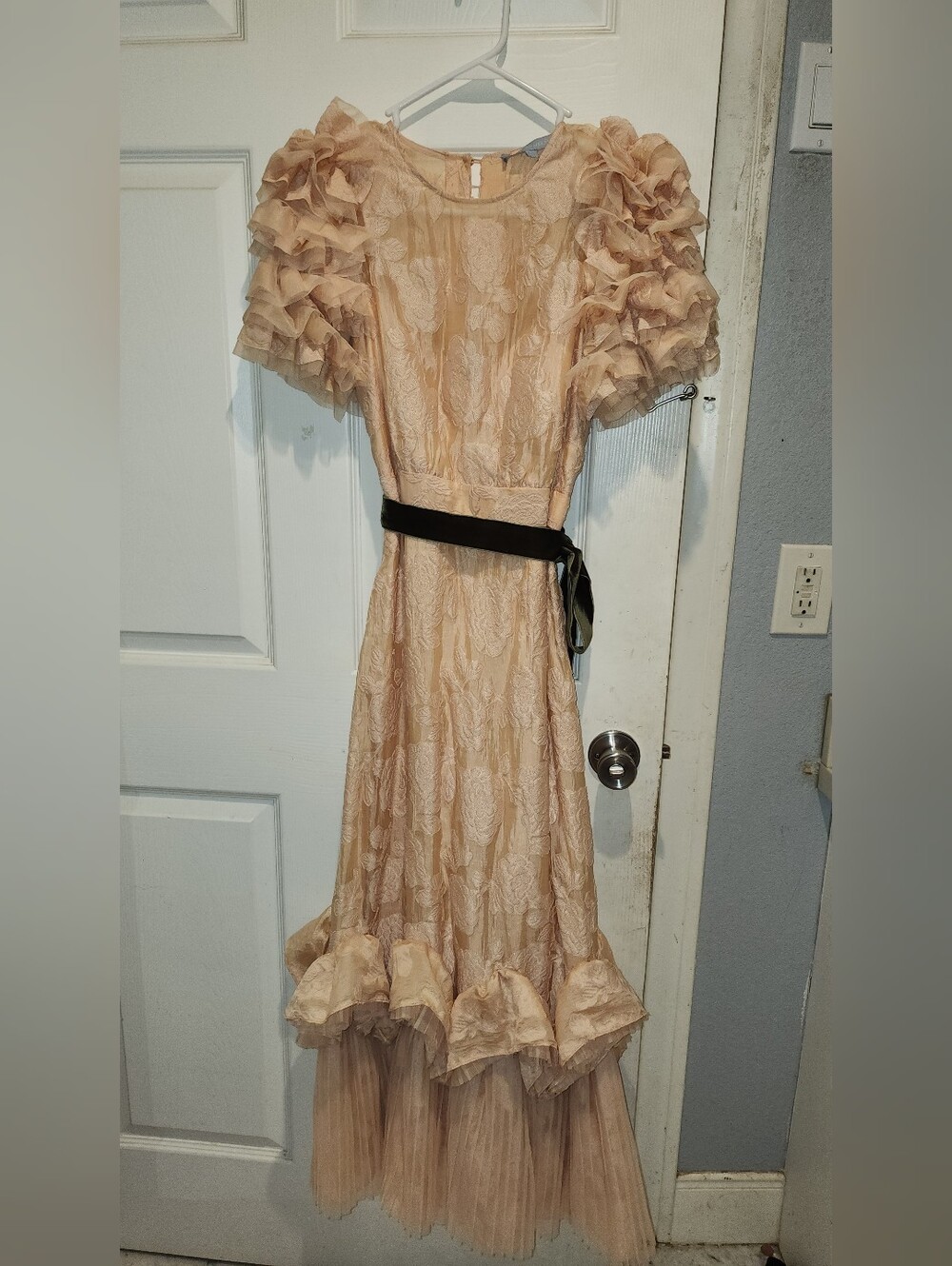 Antonio Melani Ruffle Sleeve Lace Dress with Green Velvet Sash